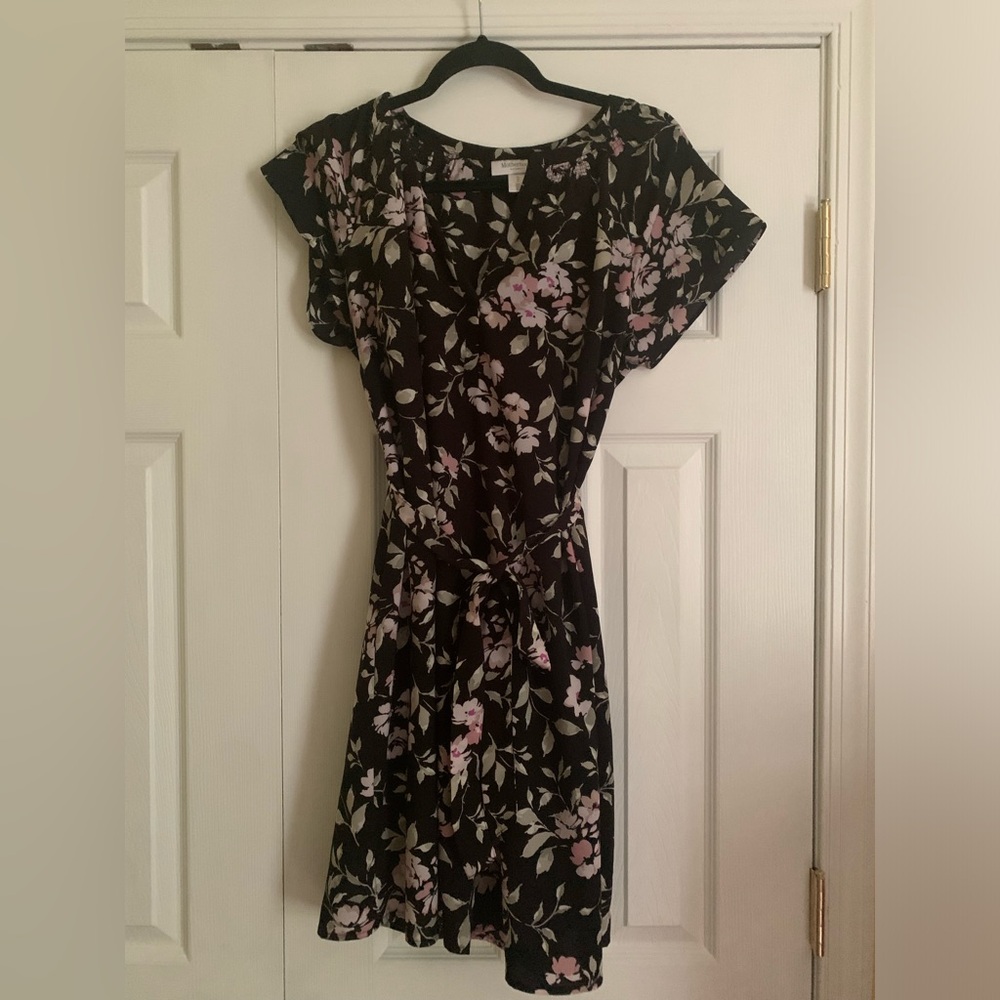 Motherhood Maternity size medium black dress with pink/purple flowers and belt
